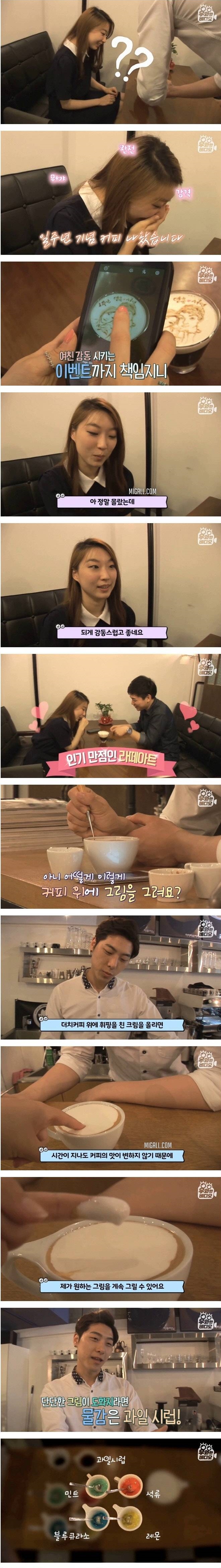 커피잔에 동양화 그리는 바리스타