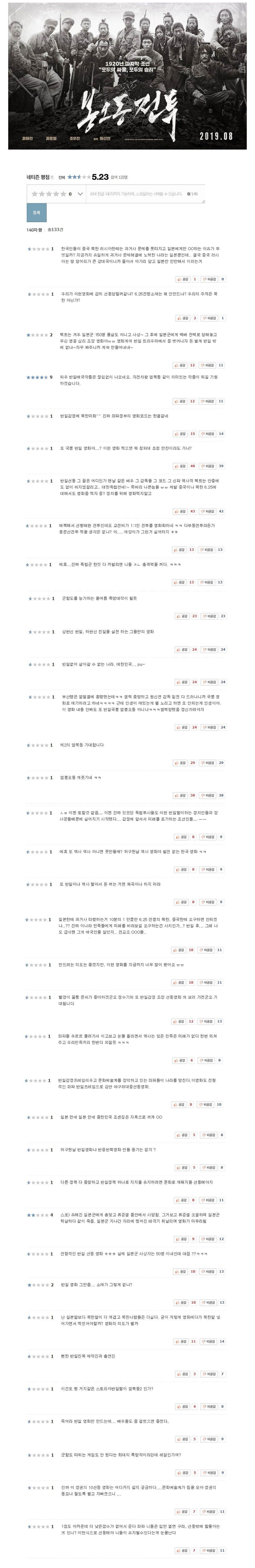 봉오동전투 네이버 평점 근황