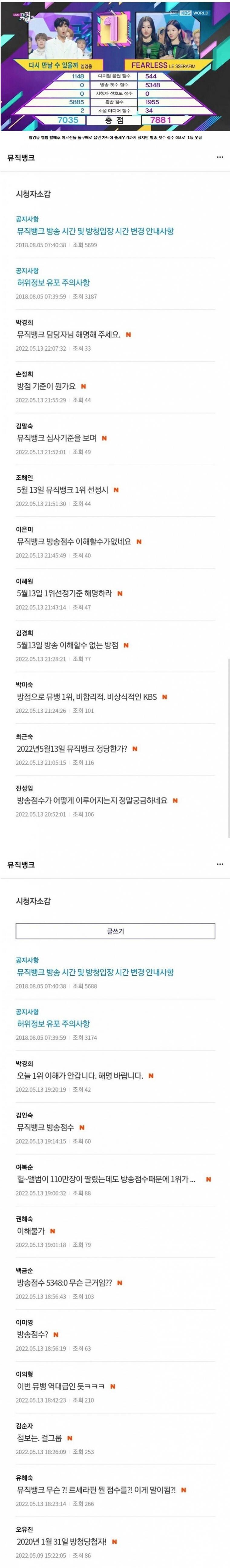 뮤직뱅크 총점에 피꺼솟 하신 분들