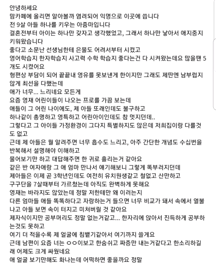 초등학생 아들이 너무 뒤떨어져요