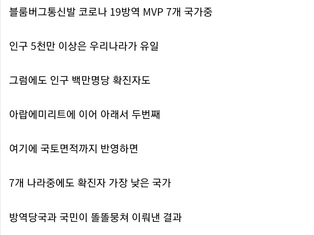 블룸버그발 코로나19 방역 MVP국가 비교