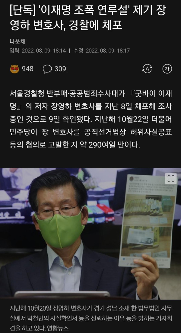 
						이재명 조폭연루설 제기한 장영하 변호사 체포		