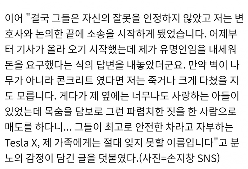 급발진 사고로 테슬라에 소송을 제기한 손지창